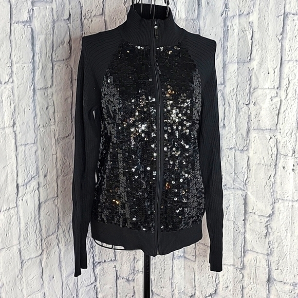 CHICO'S Black Sequined Part Silk Sweater Small - Picture 1 of 6
